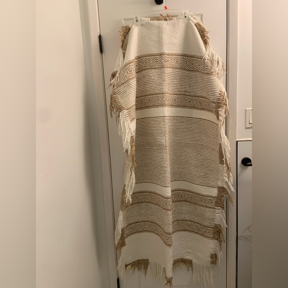Cream and Tan Woven wool carpet with Fringe